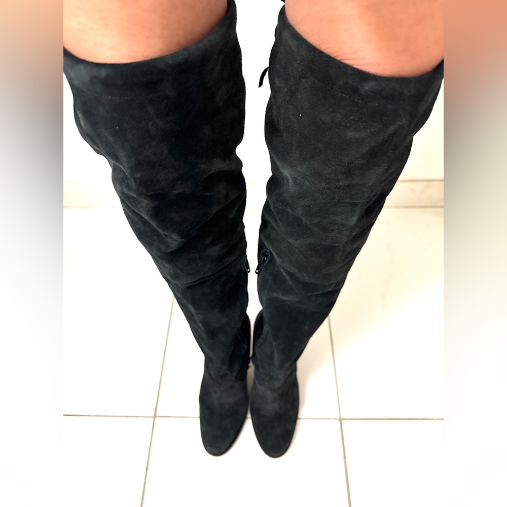 Womens Black Real Suede Knee High Heel Boots - Size 7.5 / 38.5 - Picture 4 of 11
